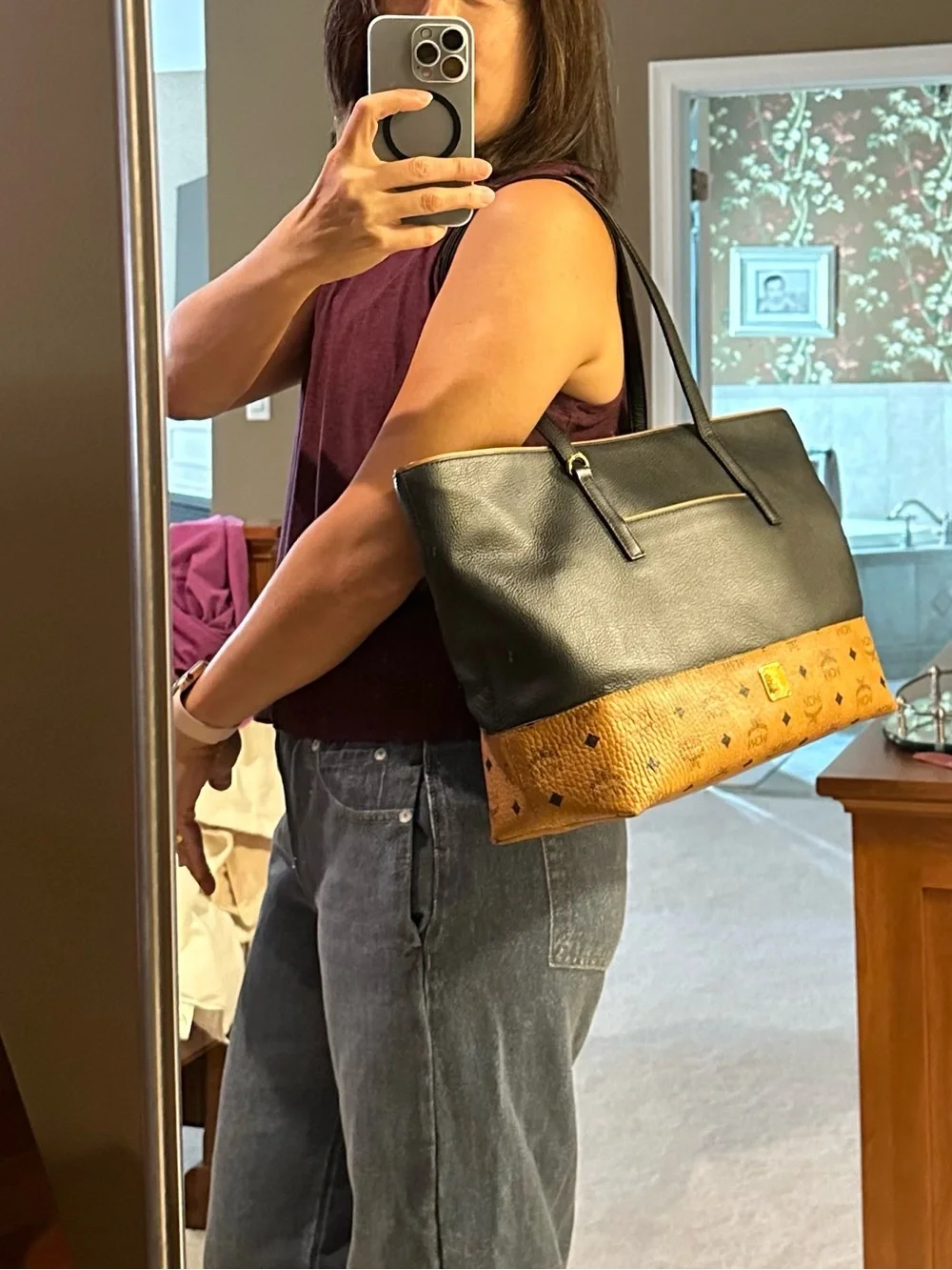MCM Visetos Tote with Black and Cognac Leather Detailing